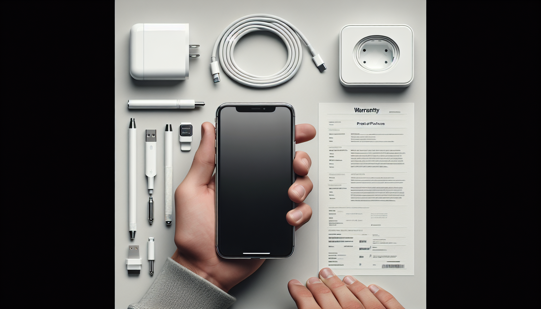 Close-up of a person's hand holding an iPhone, surrounded by accessories like a charger cable, warranty documents, and proof of purchase, set against a neutral background.